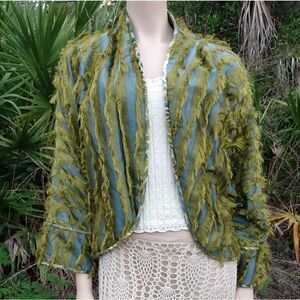 EUC VINTAGE ZONDA NELLIS Blue/Gray Satin with Olive Green Shag & Velvet Trim M